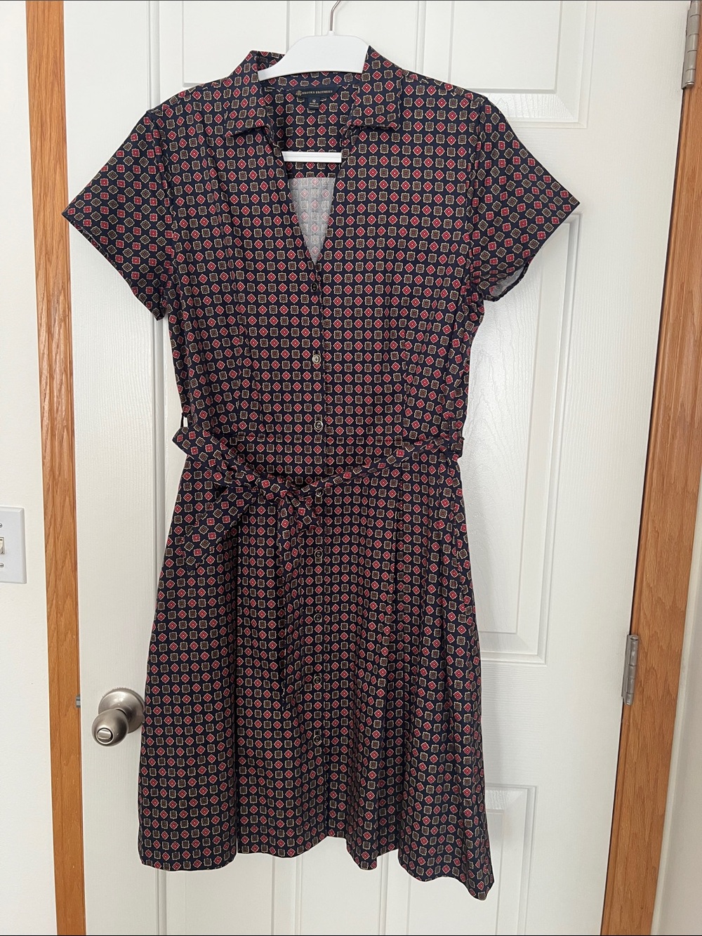 Brooks Brothers Black Shirt Dress with Pink Geo Print